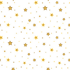 Stars seamless pattern gold and white retro background. Chaotic elements. Abstract geometric shape texture. 3d effect sky. Design template for wallpaper, wrapping, fabric, textile. Vector Illustration