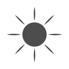 Sun icon. Light sign with sunbeams. Black design element, isolated on white background. Symbol of sunrise, heat, sunny and sunset, sunlight. Flat modern style for weather forecast. Vector Illustration