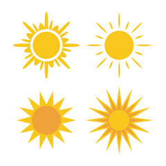 Sun icons set. Collection light yellow signs with sunbeam. Design elements, isolated on white background. Symbol of sunrise, heat, sunny and sunset, morning, sunlight. Flat style. Vector Illustration.