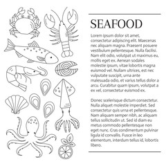 Seafood background. Seafood banner. Vector flat line illustrations of lobster, crab, salmon, fish, squid, oyster, shrimp, octopus, eel. Seafood restaurant menu.