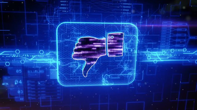 Abstract animation of thumbs down (dislike) icon in digital cyberspace