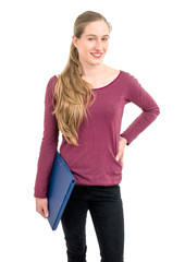 young school girl with  folder; on white background