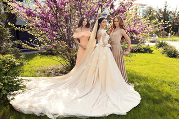 fashion outdoor photo of gorgeous bride in luxurious wedding dress, posing with beautiful bridesmaids in elegant dresses 