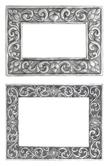 old decorative silver frame - handmade, engraved - isolated on w