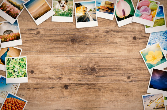 travel photo collage on wooden background