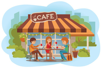Obraz na płótnie Canvas Vector illustration of people at the cafe outdoor. Men and woman sitting in the cafe, outdoor while drinking hot coffee and using laptop and talking about something. Flat modern illustration.