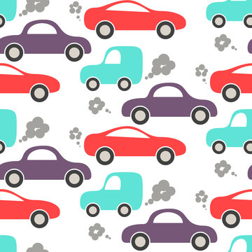 Car cute baby vector seamless pattern. Kid fabric and apparel design. Blue, purple and red cars on white.