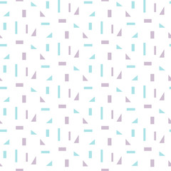 Abstract geometric shapes white seamless pattern. Vintage geometry inspired seamless lilac and blue on white.