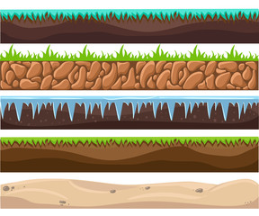 Illustration of a set of seamless grounds, soils and land foreground area with ice, desert, beach, sand, roots and grass layers and patterns for ui game. Seamless grounds, soils and land vector set.