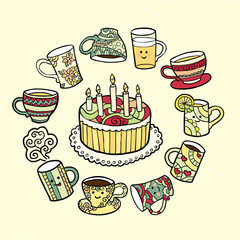 Greeting card with doodle hand drawn cake and tea cups.
