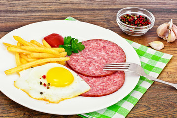 French Fries with Scrambled Eggs, Ham, Ketchup