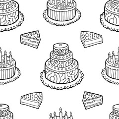 Seamless pattern with hand drawn cakes on white background.