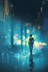 Kissenbezug man walking at night on the wet street,illustration © grandfailure