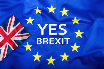 Brexit. Brexit Yes. Brexit No. Flags of the United Kingdom and the European Union. UK Flag and EU Flag. British Union Jack flag. Flag outside stars. England appearances in the European Union.
