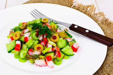 Salad of Celery, Crab Stick, Cucumber, Green Olives and Dill