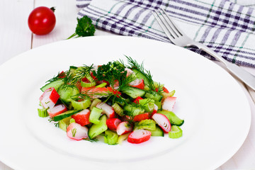 Salad of Celery, Crab Stick, Cucumber, Green Olives and Dill