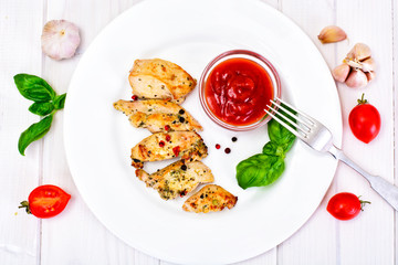 Grilled Chicken Fillet with Pepper,  Basil and Tomato