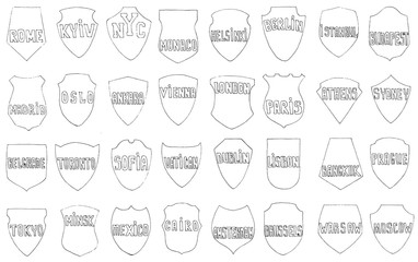 Fototapeta premium Collection of shields with names of world capital cities