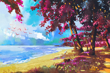 Obrazy  różowe drzewa na plaży, lato, ilustracja krajobraz