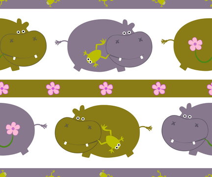 Drawing of a seamless pattern with cute behemoths in cartoon style with a frog and flower on a white background
