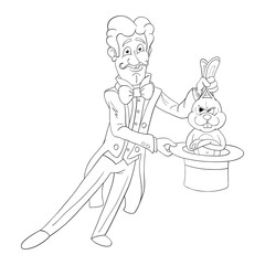 Black and white illustration of smiling magician who pulls out a displeased rabbit from a hat