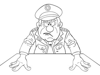 Black and white illustration of angry military general at the table