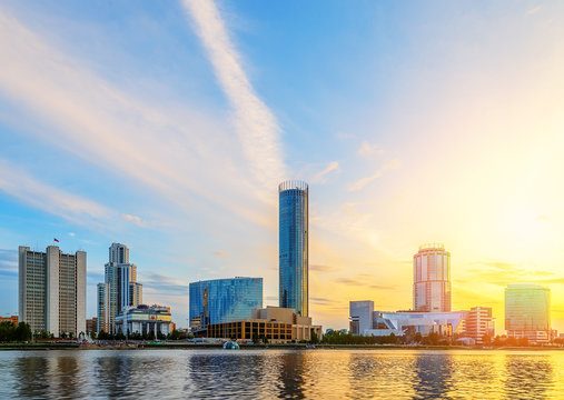 Evening on the business center of Ekaterinburg summer sky sunny