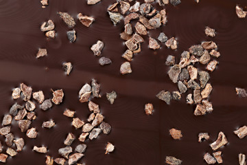 Closeup of dark chocolate with pieces of cocoa beans
