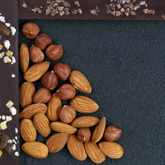 Dark chocolate with coffee beans, fruit and with almonds