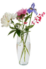 Blooming bouquet of flowers in a transparent vase with water. 