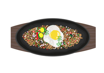 Sizzling Sisig made of variety of recipes but topped with egg, spices and calamansi juice. Philippine Cuisine concept. Editable Clip Art.

