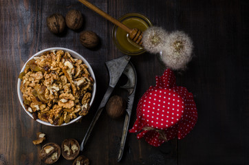 Bowl with walnut, still life dark photo