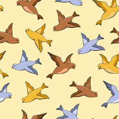 Vector seamless pattern. Flying birds of various colors.