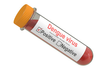 Test tube with blood sample positive dengue virus, 3D rendering