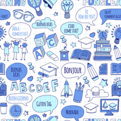 Language school linear doodle icons on notebook paper