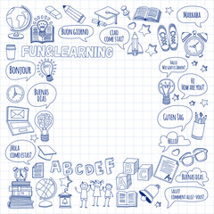 Language school linear doodle icons on notebook paper