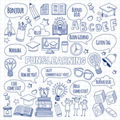 Language school linear doodle icons on notebook paper