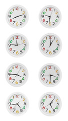 Collage of round wall clocks, isolated on white