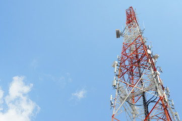Telecommunication tower with blue sky - 111892983
