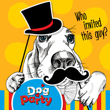 Festive poster with the portrait of a dog Basset Hound with the photo booth props. Vector illustration.