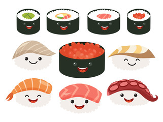Cartoon japanese food. Vector set sushi cartoon characters. Smile sushi roll and sashimi set. Funny characters sushi. Sushi roll funny set. Japanese food, vector illustration