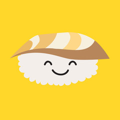 Fun sashimi vector cartoon character. Cute sashimi with tuna. Japanese food. Sushi with cute faces. Happy sushi with tuna. Vector sashimi icon. 
