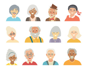 Old people icons vector set.Face of old people icons.Face of elder people  icons cartoon style.Grandfather and grandmother characters.Pensioner people head flat icons collection