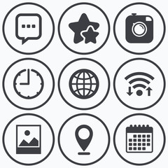 Social media icons. Chat speech bubble and Globe