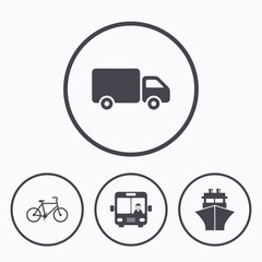 Transport icons. Truck, Bicycle, Bus and Ship.