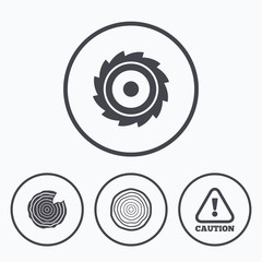 Wood and saw circular wheel icons. Attention.