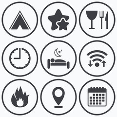 Food, sleep, camping tent and fire signs.