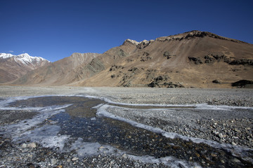 Frozen water and landscape in Zanskar valley in Ladakh,India