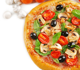Delicious tasty pizza with vegetables on light background