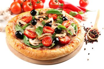 Delicious tasty pizza with vegetables on light background